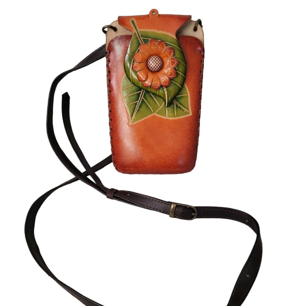Hand Tooled Leather Floral Accent Embossed Crossbody PURSE